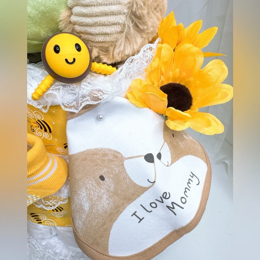 Hunny Bear Bee Diaper Cake with Sunflower Accents, Baby Shower Gift